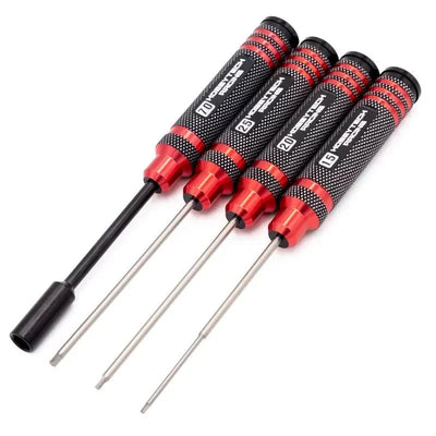 SET OF 4 RED AND BLACK SCREWDRIVERS 1.5 / 2 / 2.5 AND 7MM SOCKET - HTR